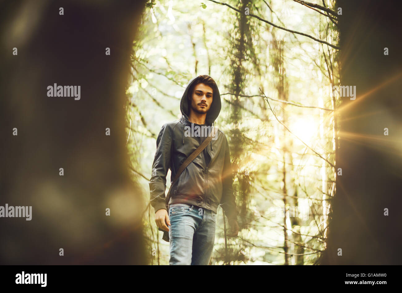Young man walking in the forest framed by trees Stock Photo - Alamy