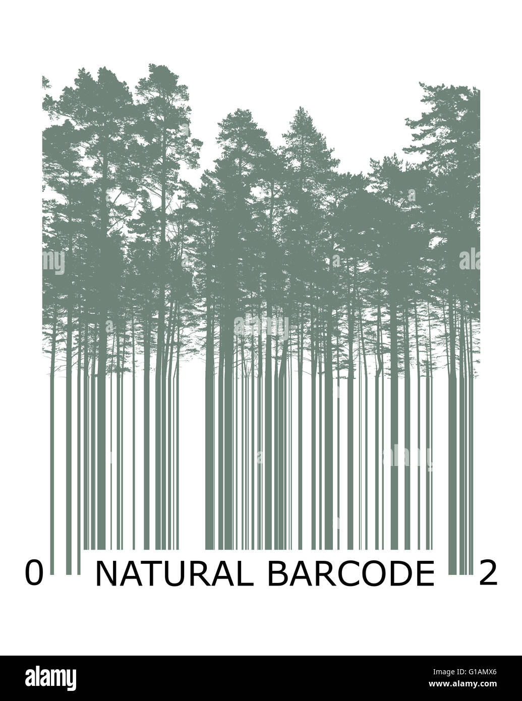 Natural product bar code concept with trees silhouettes Stock Photo