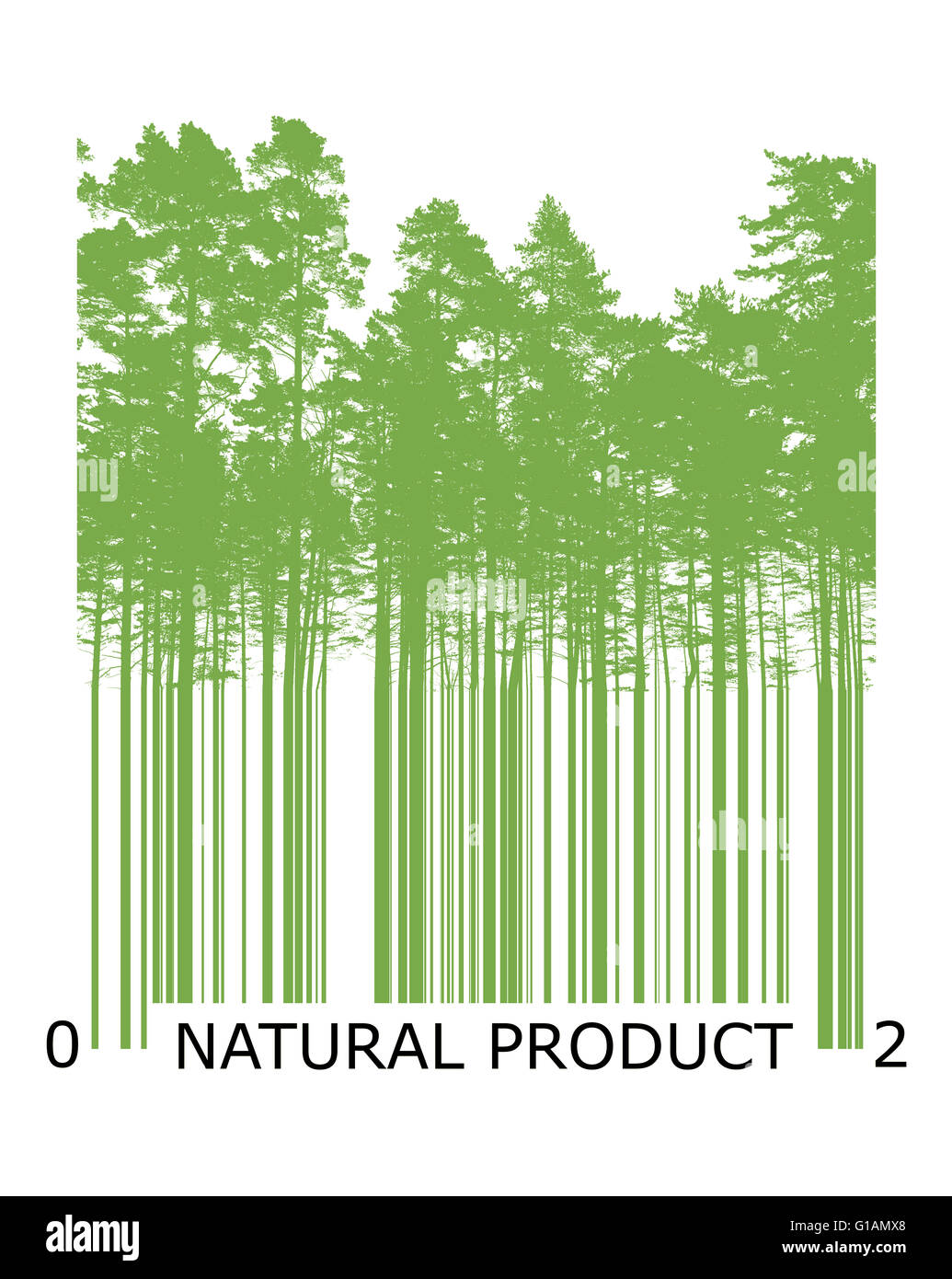 Natural product bar code concept with green trees silhouettes Stock Photo