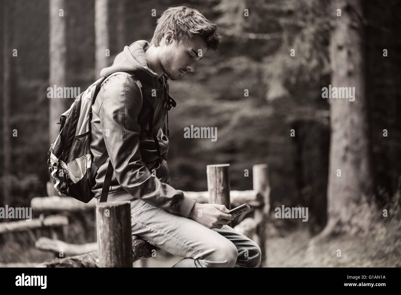 Guy sitting on a wooden fence in the woods and texting with his mobile phone Stock Photo