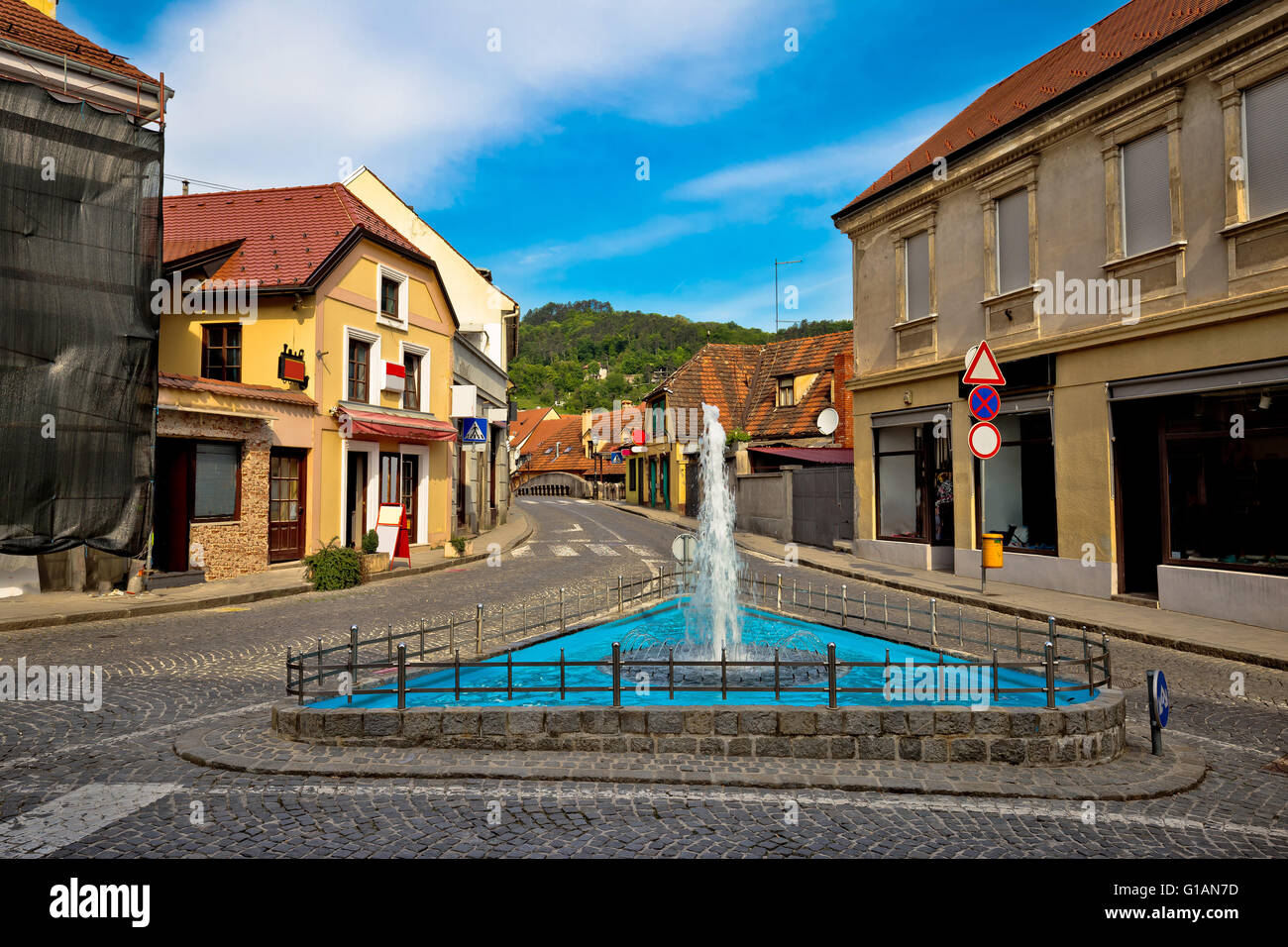 Town of Samobor historic architecture and fountain, northern Croatia Stock Photo