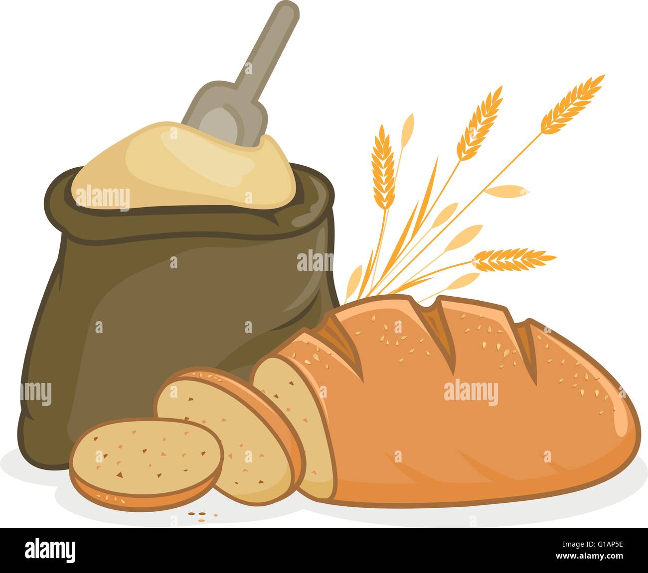 Flour sack and bread. Bakery bread and bag of wheat flour. Vector ...