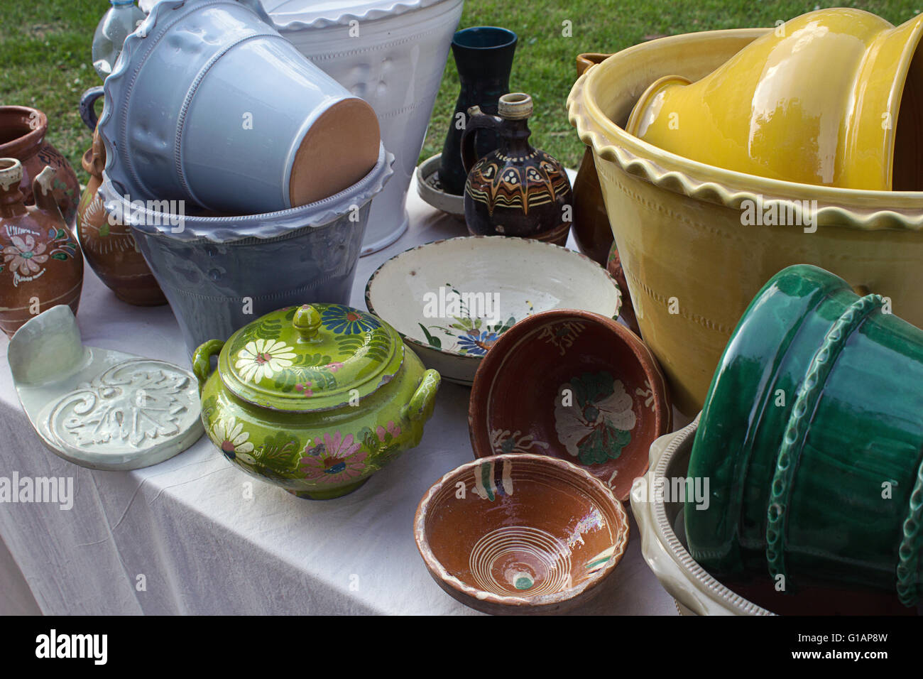 Collection of colorful, decorative and big vases for the garden