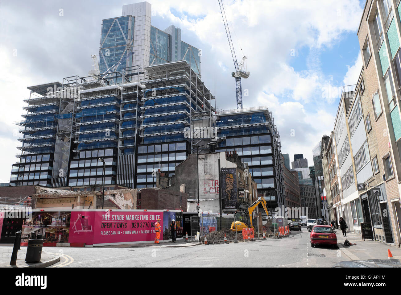 'The Stage'   luxury apartments under construction on site of William Shakespeare ’s Curtain Theatre Shoreditch in London EC2 England UK KATHY DEWITT Stock Photo