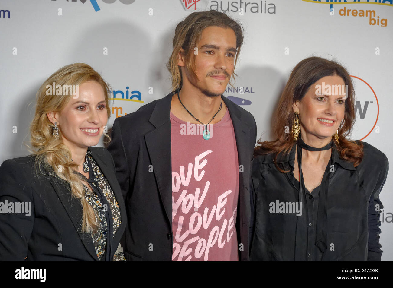 Sydney, Australia. 11th May, 2016. Actor Brenton Thwaites (C) with Heath Ledger's mother and sister, Sally Bell and Kate Ledger at the eighth Annual Heath Ledger Scholarship for 2016. The event was attended by Heath's mother and sister, Sally Bell and Kate Ledger, Callie Hernandez, Damon Herriman, Matt Levett and Sophie Lowe. The winner will be announced on 1st June in Los Angeles. Credit:  Hugh Peterswald/Pacific Press/Alamy Live News Stock Photo