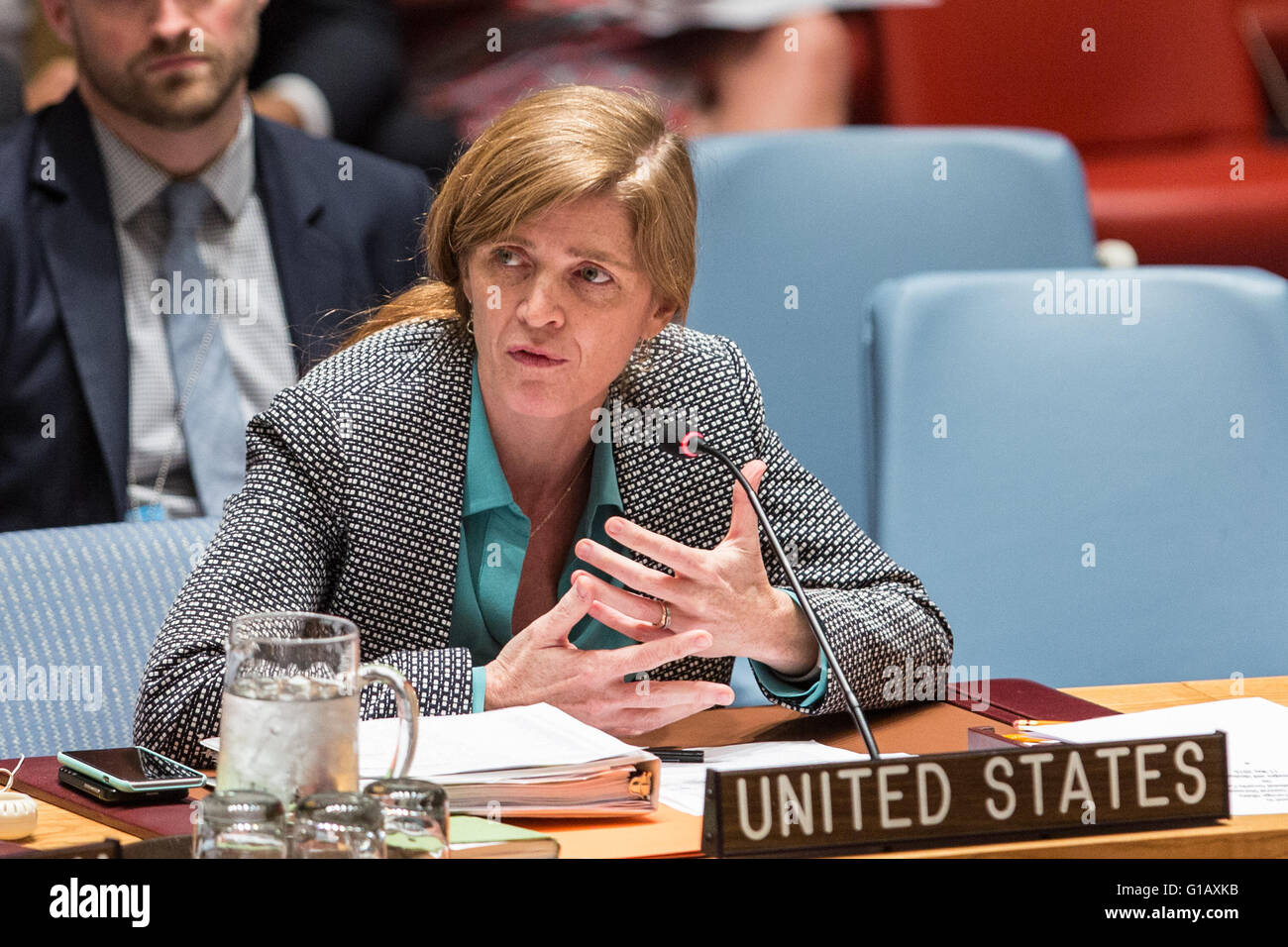 United Nations, UN headquarters in New York. 11th May, 2016. Samantha Power, U.S. Permanent Representative to the United Nations, addresses a Security Council meeting on threats to international peace and security caused by terrorist acts, at the UN headquarters in New York, May 11, 2016. © Li Muzi/Xinhua/Alamy Live News Stock Photo