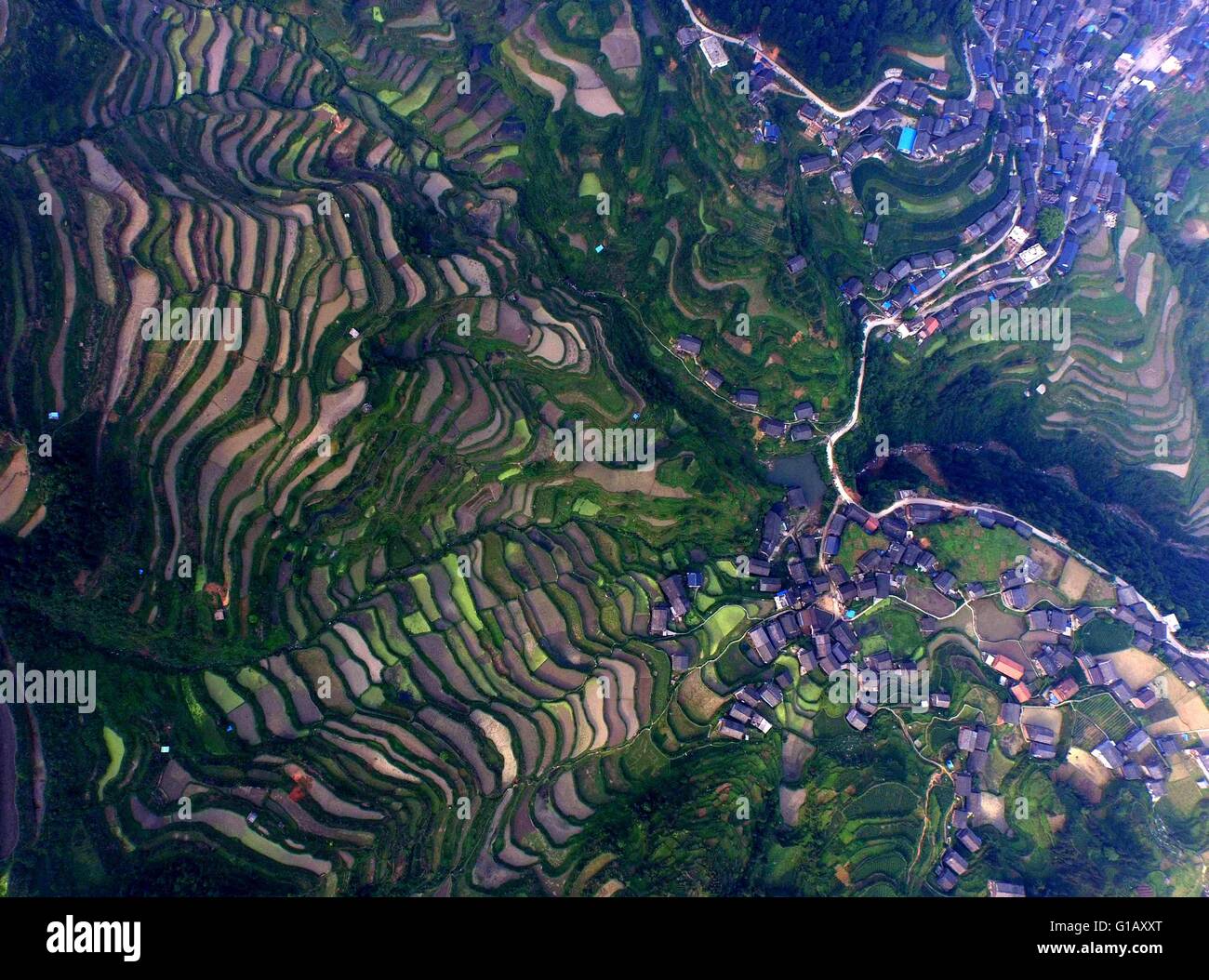 Sanjiang. 5th May, 2016. This photo taken with unmanned aerial vehicle on May 5, 2016 shows the Linlue Village in Dudong Township of Sanjiang Dong Autonomous County, south China's Guangxi Zhuang Autonomous Region. Sanjiang Dong Autonomous County, located in the north of Guangxi, is renowned in the world for its large numbers of drum towers, wind and rain bridges and traditional buildings of Dong ethnic group. © Huang Xiaobang/Xinhua/Alamy Live News Stock Photo