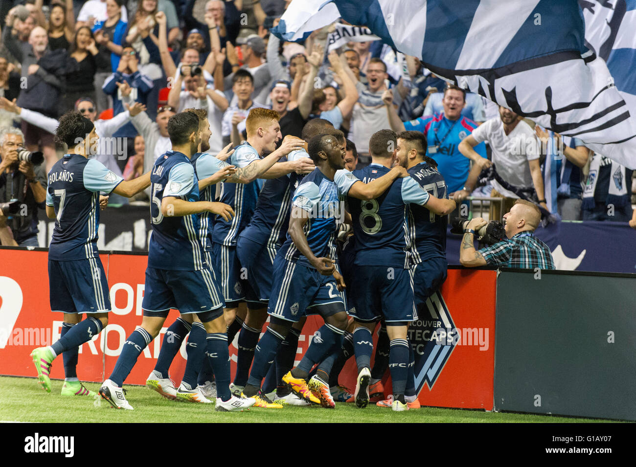 Vancouver, Canada. 11th May, 2016. Whitecaps celebrate  Blas Perez (27) winning goal.Vancouver Whitecaps vs Chicago Fire, BC Place Stadium.  Vancouver wins 2-1. Credit:  Gerry Rousseau/Alamy Live News Stock Photo