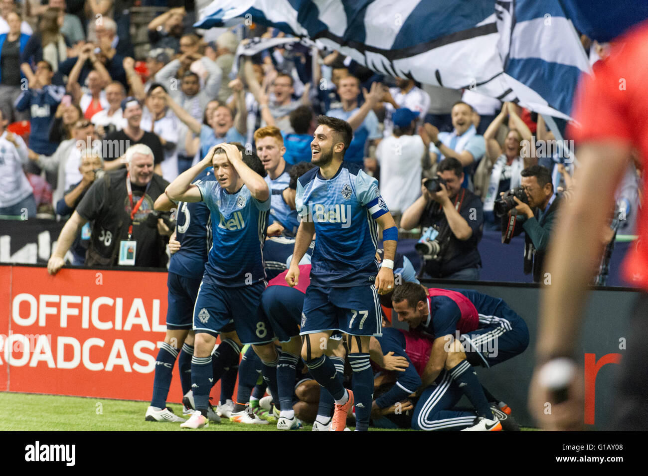 Vancouver, Canada. 11th May, 2016. Whitecaps celebrate  Blas Perez (27) winning goal.Vancouver Whitecaps vs Chicago Fire, BC Place Stadium.  Vancouver wins 2-1. Credit:  Gerry Rousseau/Alamy Live News Stock Photo