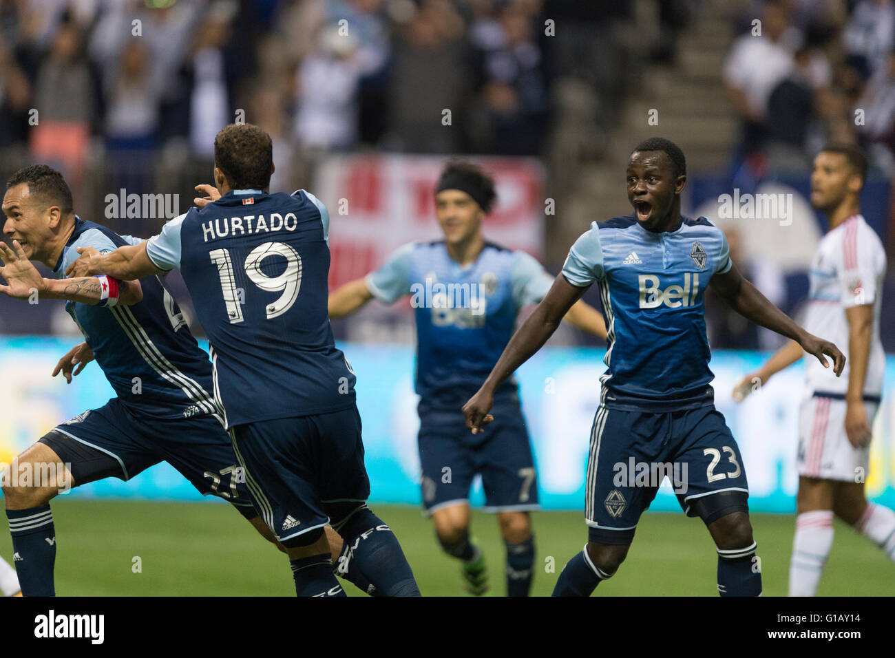 Vancouver, Canada. 11th May, 2016. Whitecaps celebrate over Vancouver Whitecaps forward Blas Perez (27) goal. Vancouver Whitecaps vs Chicago Fire, BC Place Stadium.  Vancouver wins 2-1. Credit:  Gerry Rousseau/Alamy Live News Stock Photo