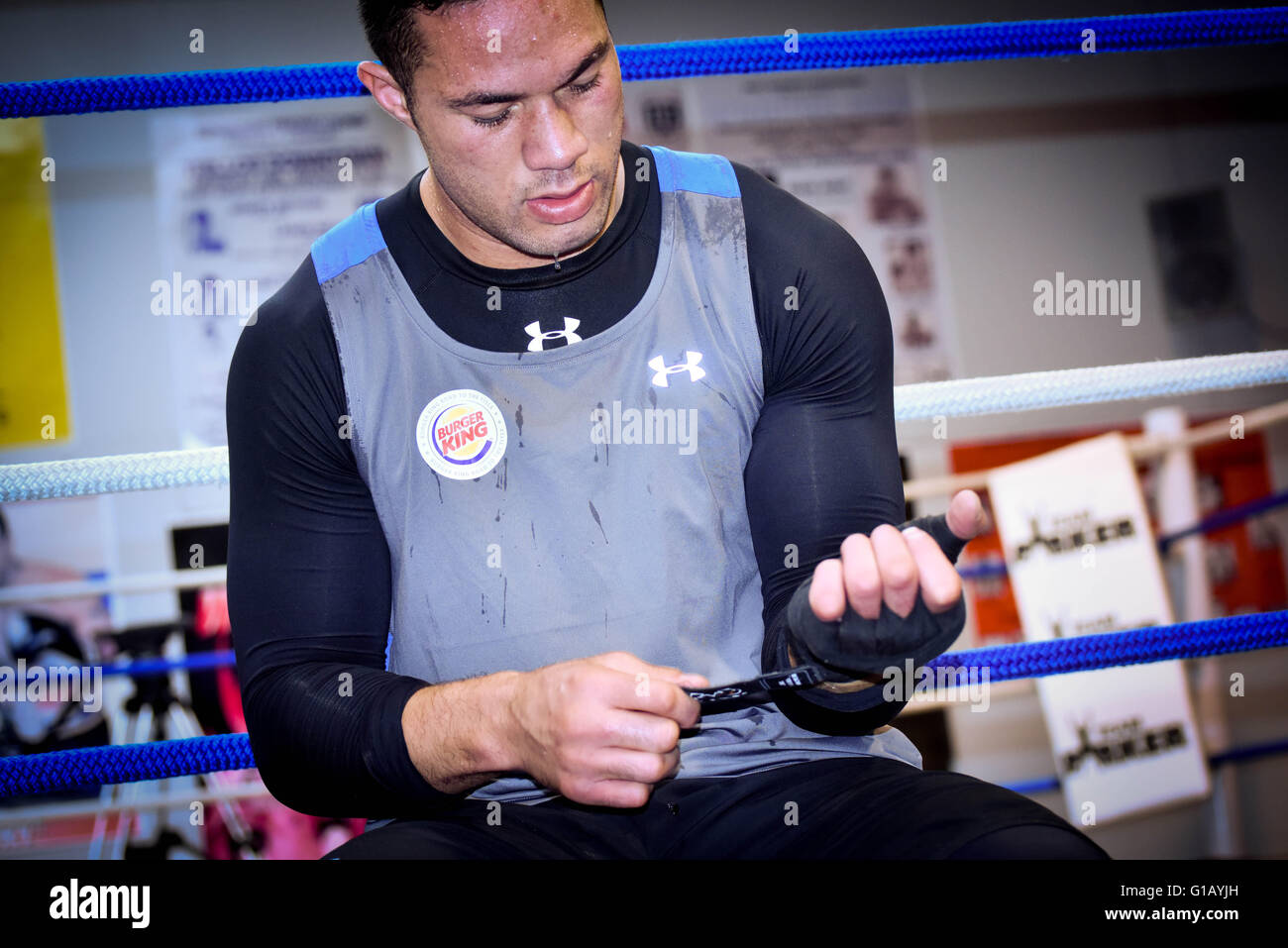 Auckland, New Zealand. 12th May, 2016. Joseph Parker prepares a training session in front of media outlets ahead of the upcoming Joseph Parker versus Carlos Takam IBF Title Eliminator boxing bout at the Vodafone Events Centre in Auckland this month. The winner is guaranteed a world title shot against British sensation, Anthony Joshua. Joseph Parker is a New Zealand born professional boxer of Samoan descent who currently holds the WBO Oriental and OPBF regional heavyweight titles. Credit:  Shirley Kwok/Pacific Press/Alamy Live News Stock Photo