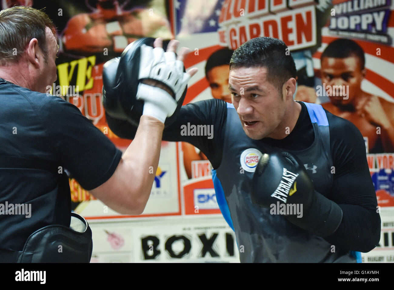 Auckland, New Zealand. 12th May, 2016. Joseph Parker is in training session with his trainer Kevin Barry after the media interview ahead of the upcoming Joseph Parker versus Carlos Takam IBF Title Eliminator boxing bout at the Vodafone Events Centre in Auckland this month. The winner is guaranteed a world title shot against British sensation, Anthony Joshua. Joseph Parker is a New Zealand born professional boxer of Samoan descent who currently holds the WBO Oriental and OPBF regional heavyweight titles. Credit:  Shirley Kwok/Pacific Press/Alamy Live News Stock Photo