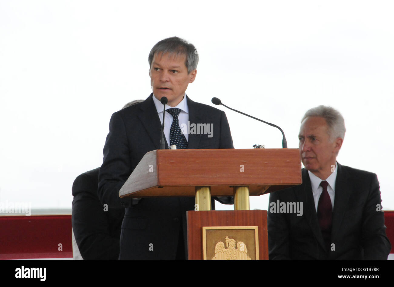 Deveselu, Bucharest. 12th May, 2016. Romanian Prime Minister Dacian Ciolos speaks at a ceremony at Deveselu military base, southwest of Bucharest, Romania on May 12, 2016. The U.S. AEGIS Ashore missile defense system in Romania is certified for operations, NATO Secretary General Jens Stoltenberg announced Thursday. Credit:  Lin Huifen/Xinhua/Alamy Live News Stock Photo