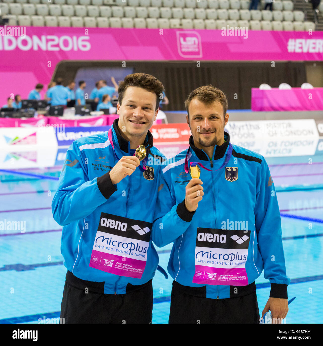 Aquatics Centre, Olympic Park, London, UK. 12th May 2016. The German 'Dream Team' and 2013 World Champions. Germans Sascha Klein and  Patrick Hausding claim gold, the British team of Tom Daley and Daniel Goodfellow win silver in the Diving Men’s 10m Synchro Final Credit:  Imageplotter News and Sports/Alamy Live News Stock Photo