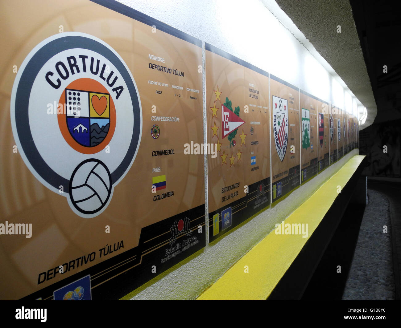 Mexico City, Mexico. 4th May, 2016. A gallery in the catacombs of the Estadio Azteca recalls all the clubs that have played in the stadium in Mexico City, Mexico, 4 May 2016. The Estadio Azteca opened in 1966. Photo: Denis Duettmann/dpa/Alamy Live News Stock Photo
