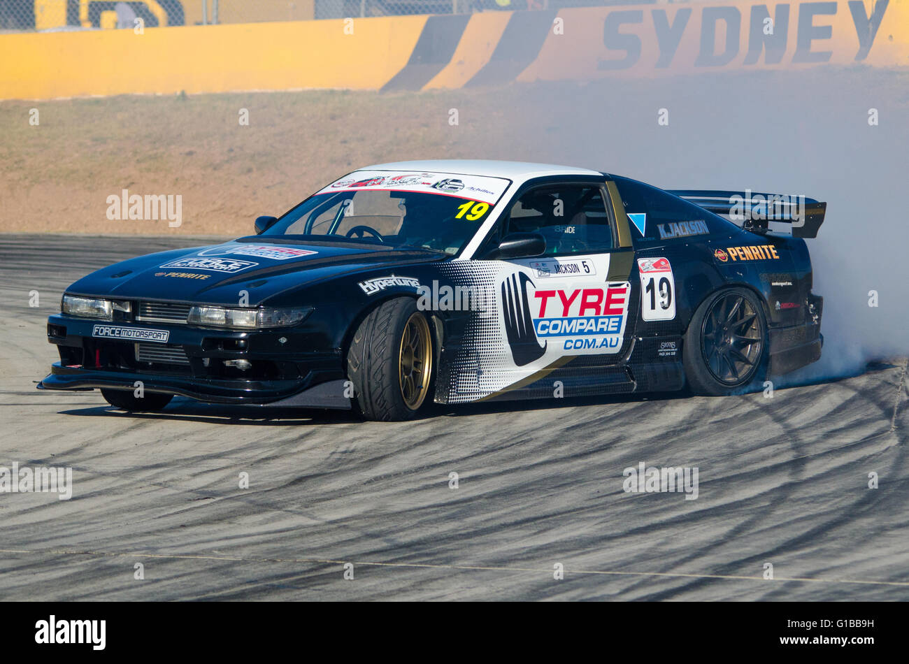 Sydney, Australia - 19th December 2015: Drift racers compete in the Hi-Tec Drift Allstars Series Championship Round which took place at Sydney Motorsport Park. Stock Photo