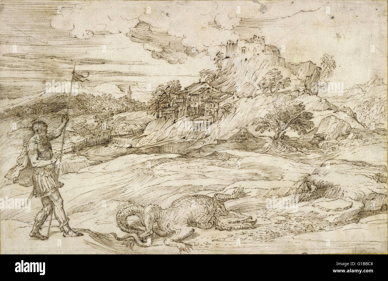 Titian - Landscape with St. Theodore Overcoming the Dragon - The Morgan Library Stock Photo