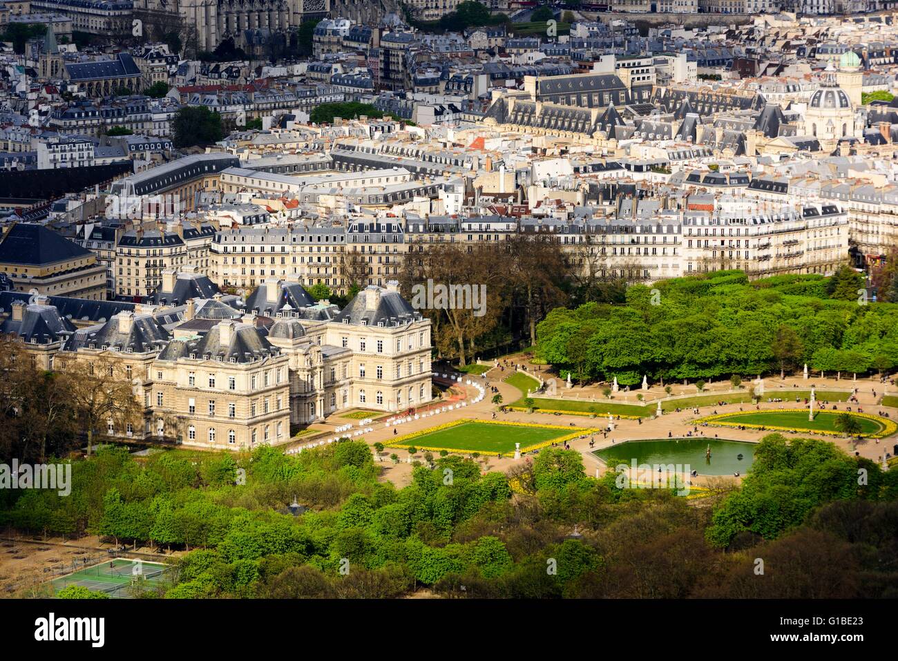 France, Paris, Luxembourg garden seen from Montparnasse tower (aerial view) Stock Photo