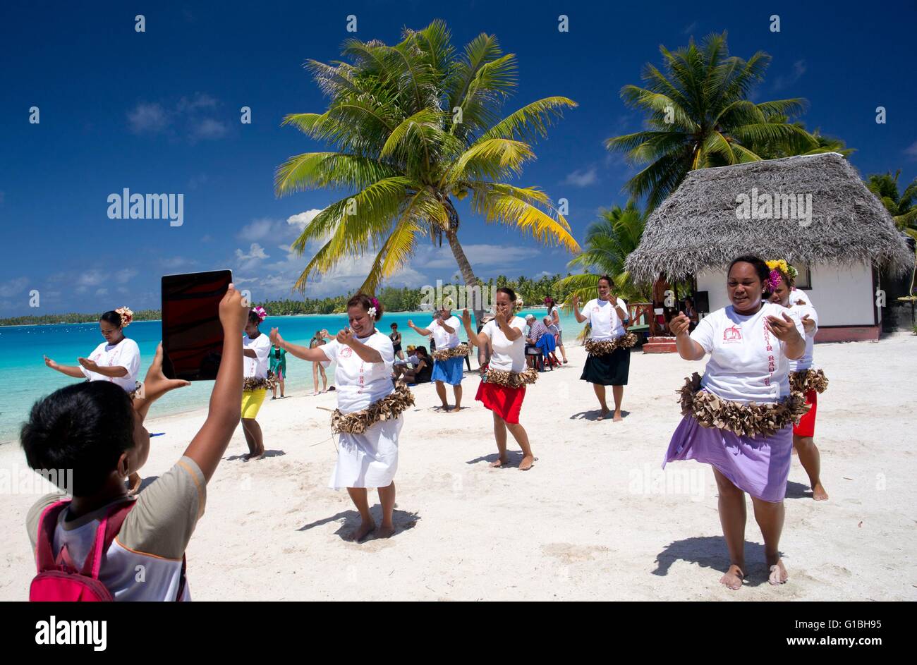 France, French Polynesia, Aranui 5 freighter and passenger ship cruise to the Marquesas archipelago, Port of call in Takapoto atoll, dances for the tourists performed by local amateur women Stock Photo
