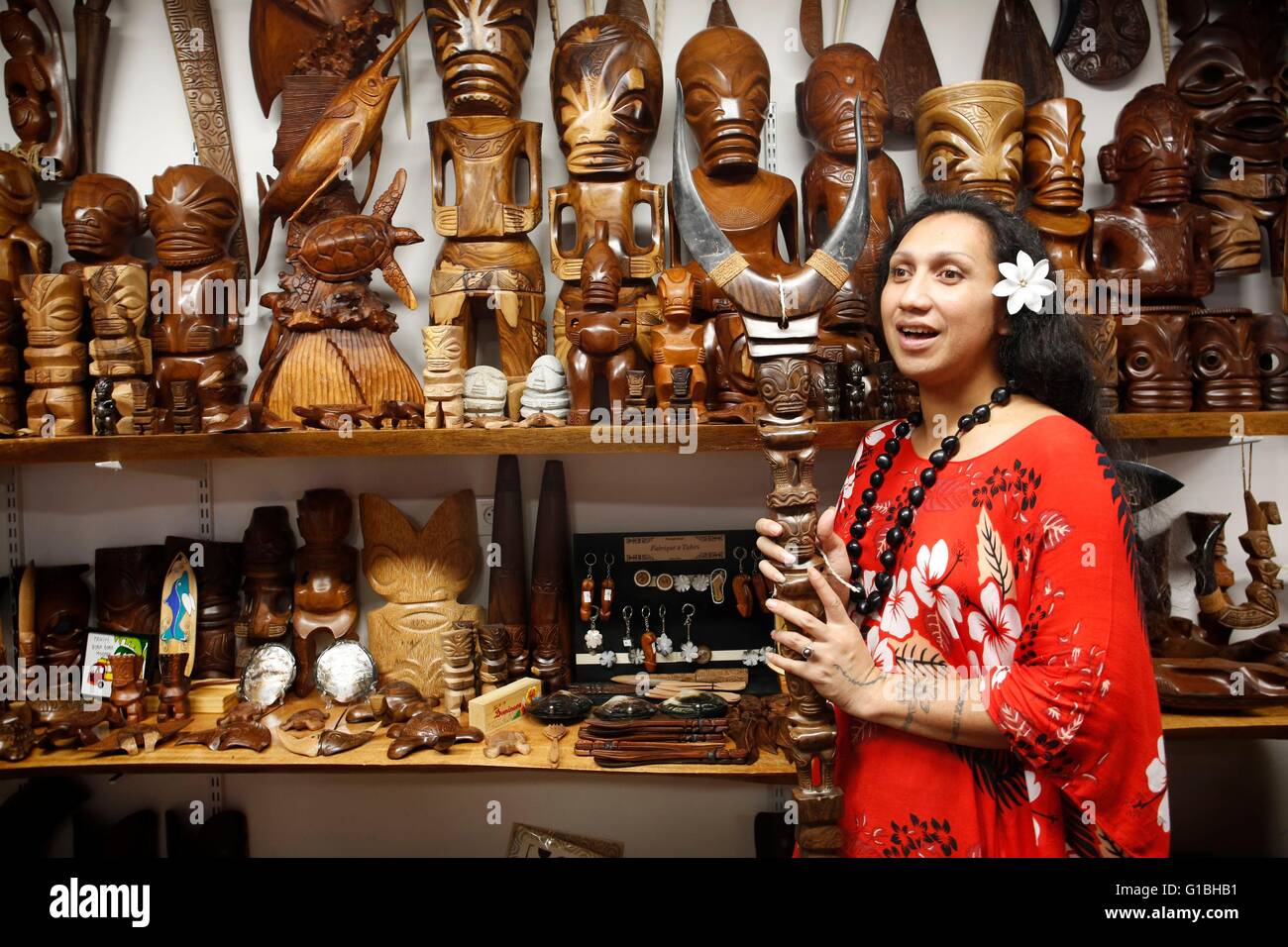 France, French Polynesia, windward islands archipelago, island of Tahiti, Papeete, the market, artifacts from modern marquesan handicraft Stock Photo