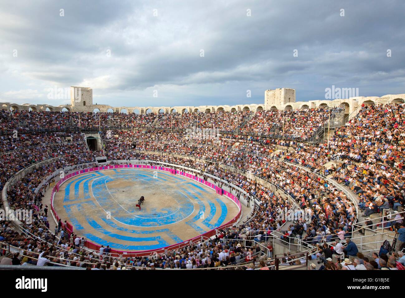 France, Bouches du Rhone, Arles, the Arena, the Roman Amphitheatre (80/90 AD..), Historical monument, World Heritage of UNESCO, Rice Fest, Bullfight Goyesque scenography Marie Hugo Stock Photo
