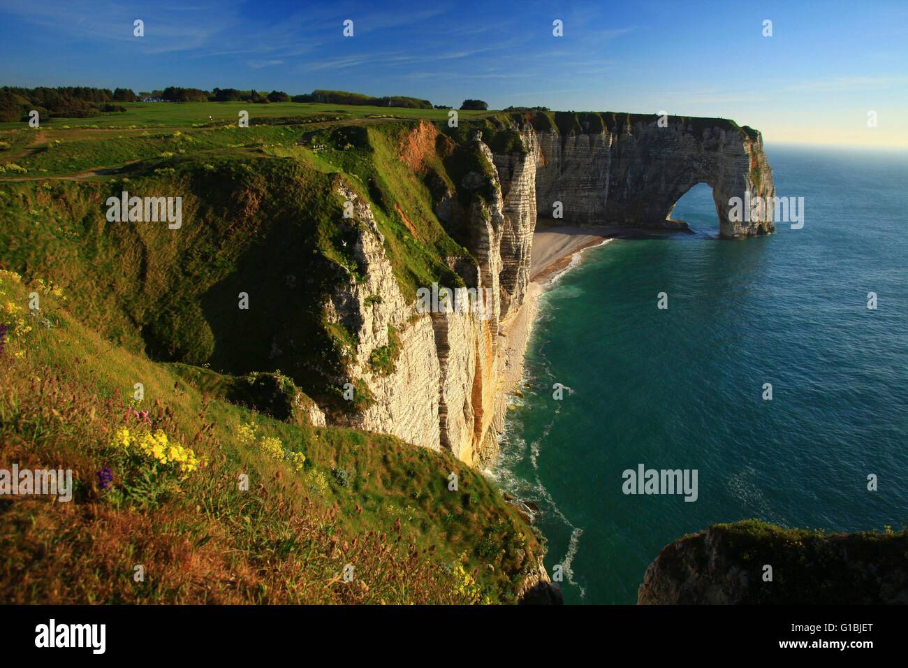 France, Seine Maritime, Etretat, Cliffs enter the village of Etretat ...