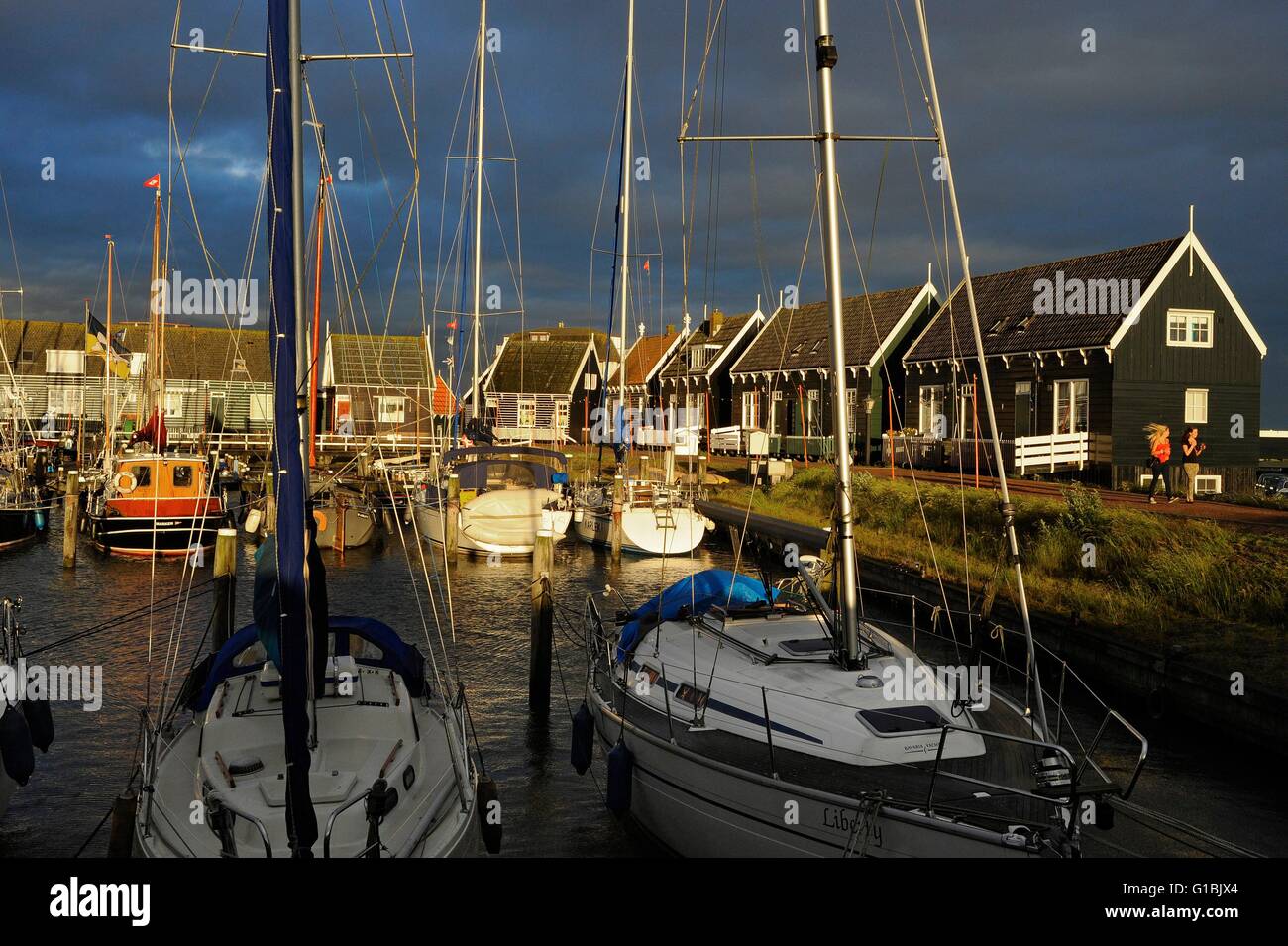Netherlands, Holland, Waterland Marken, Sunset on the harbor Stock Photo