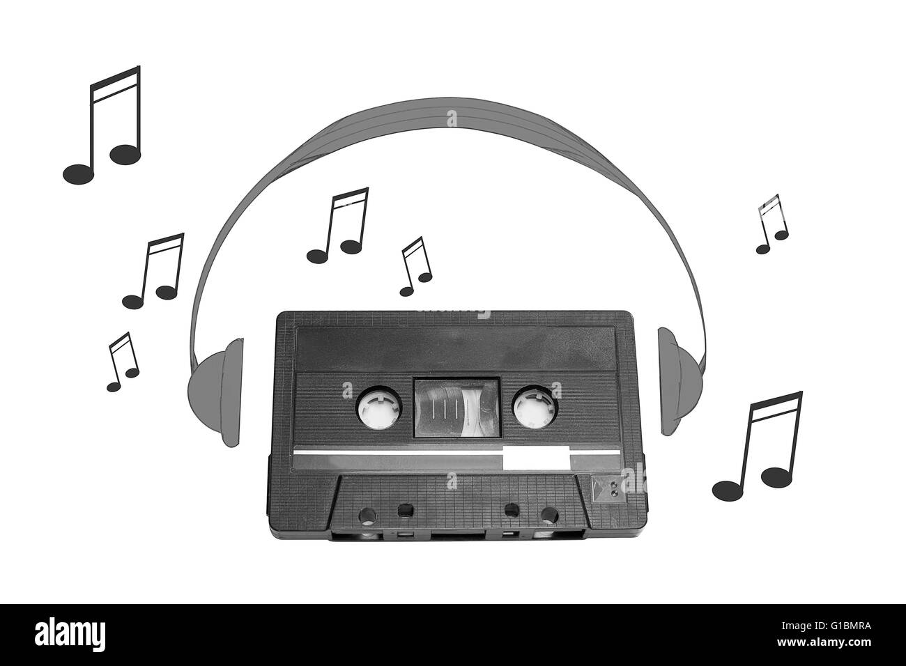 Audiotape and headphone draw on white background Stock Photo