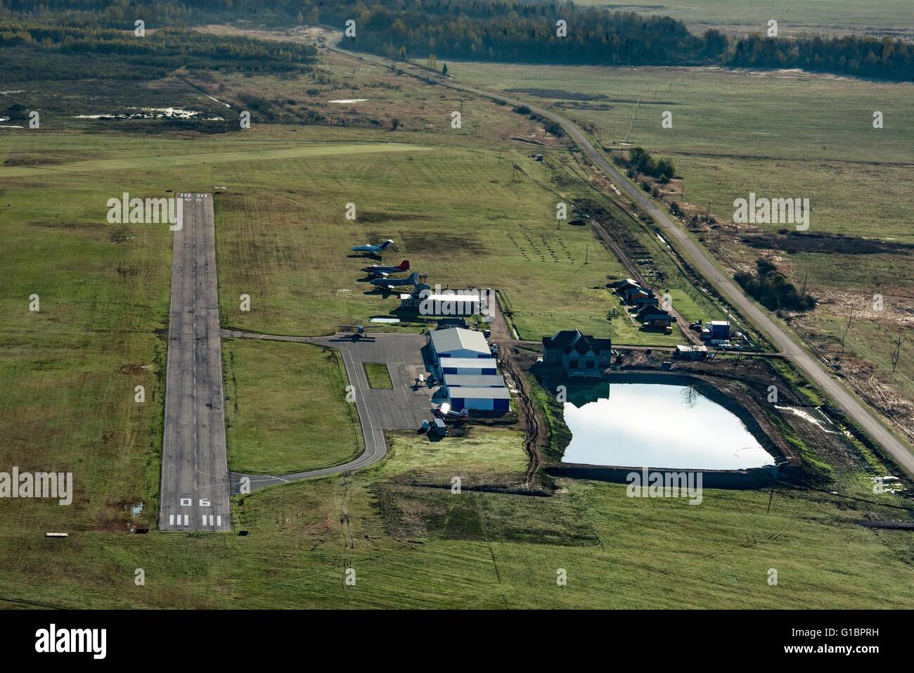 Flight over Tver Region, Russia. Orlovka private airfield. Stock Photo