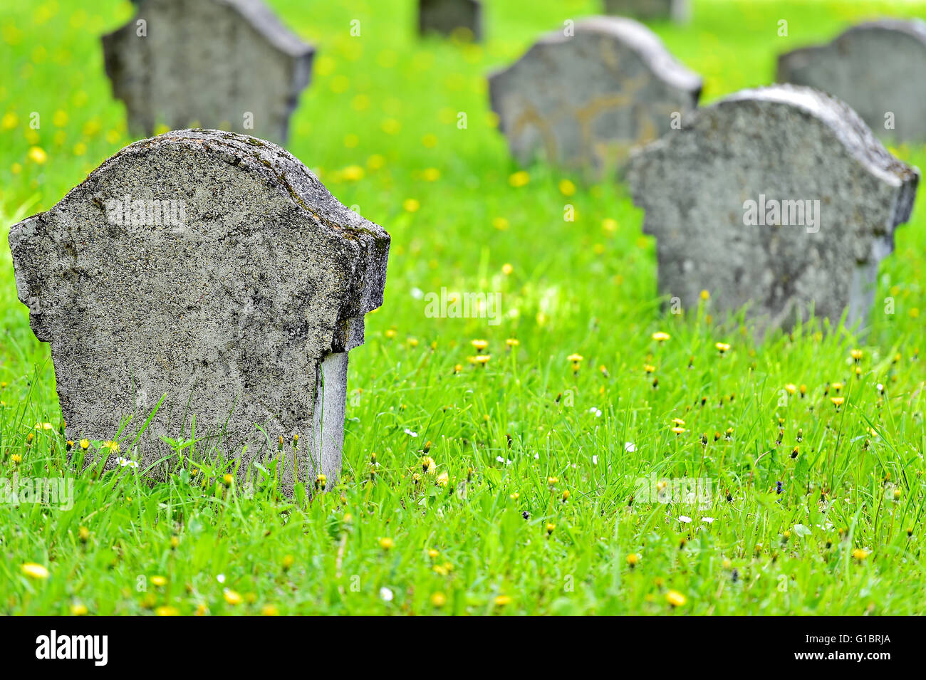 Unmarked gravestone of a soldier in a heroes graveyard Stock Photo