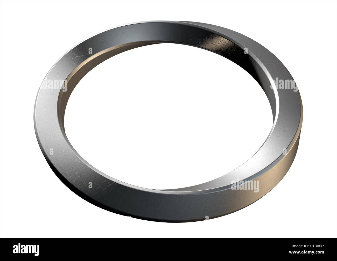 A 3D rendering of an infinity symbol ring made of shiny steel on an isolated white studio background Stock Photo