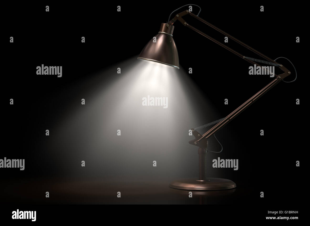 A 3D rendering of an illuminated vintage copper and brass desk lamp on an isolated dark studio background Stock Photo