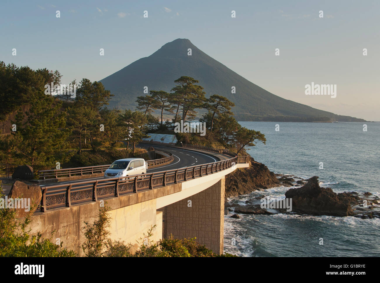 Sunset and highway below Mt. Kaimondake, Volcano, Satsuma Peninsula