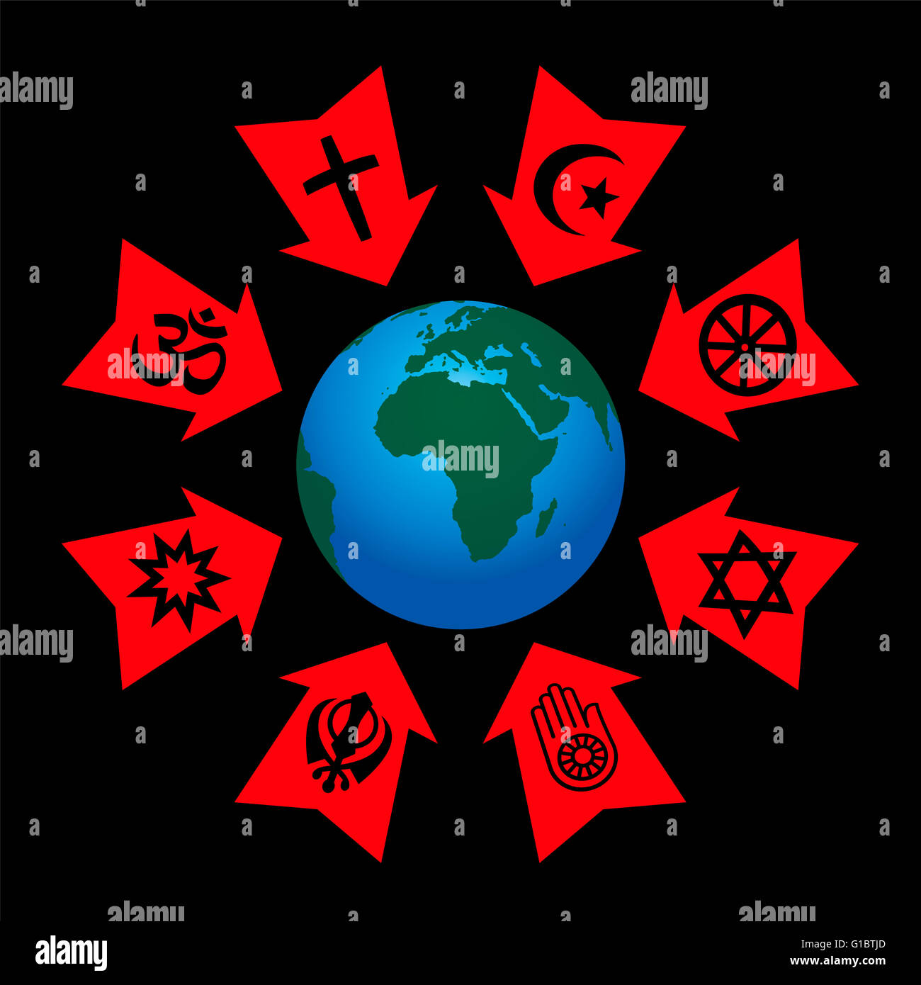 Religious control, manipulation and influence - arrows with symbols of world religions aggressive pointing at planet earth. Stock Photo