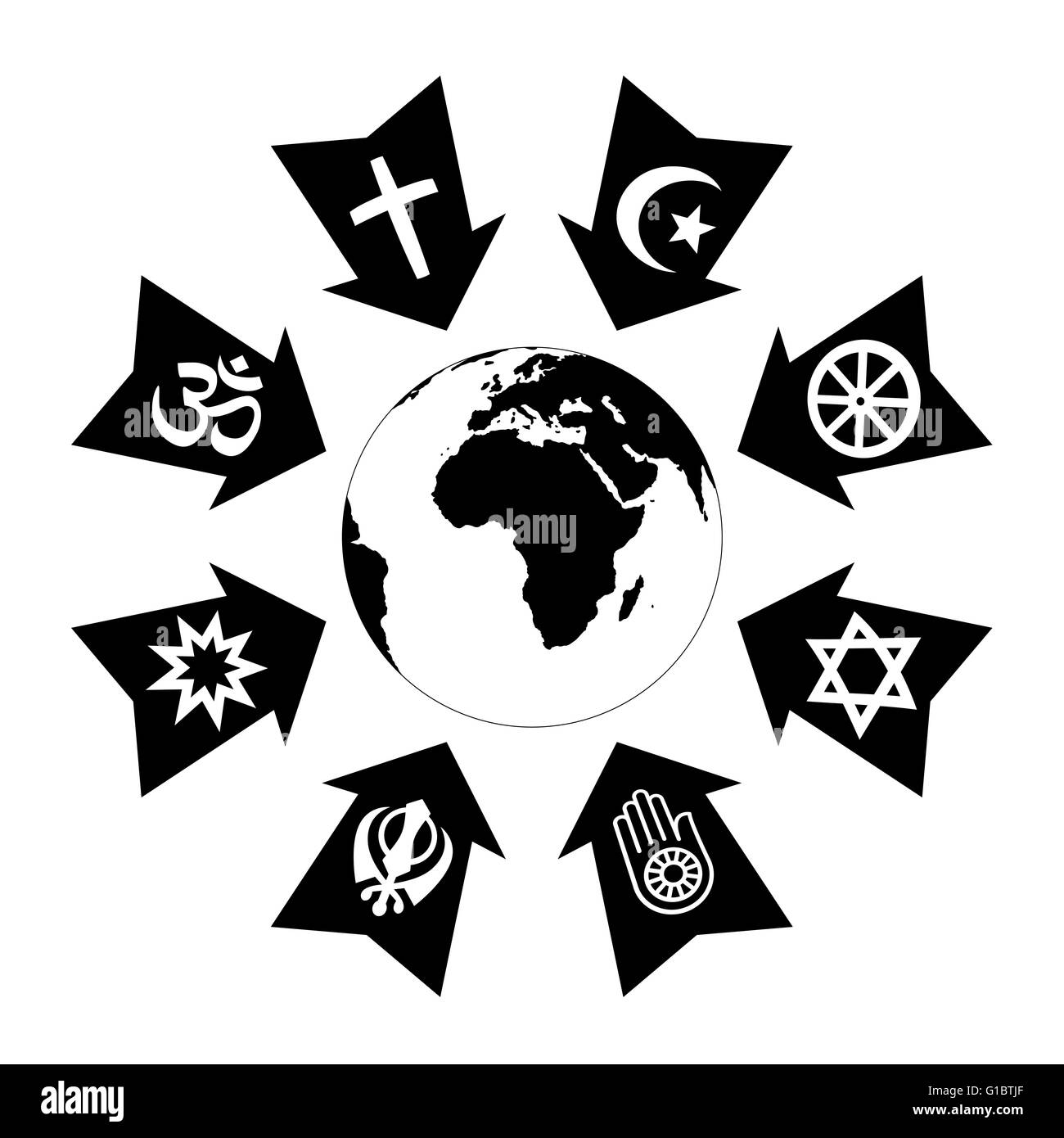 Pressure, stress and thread due to religion, depicted as black arrows with religious symbols pointing at planet earth. Stock Photo