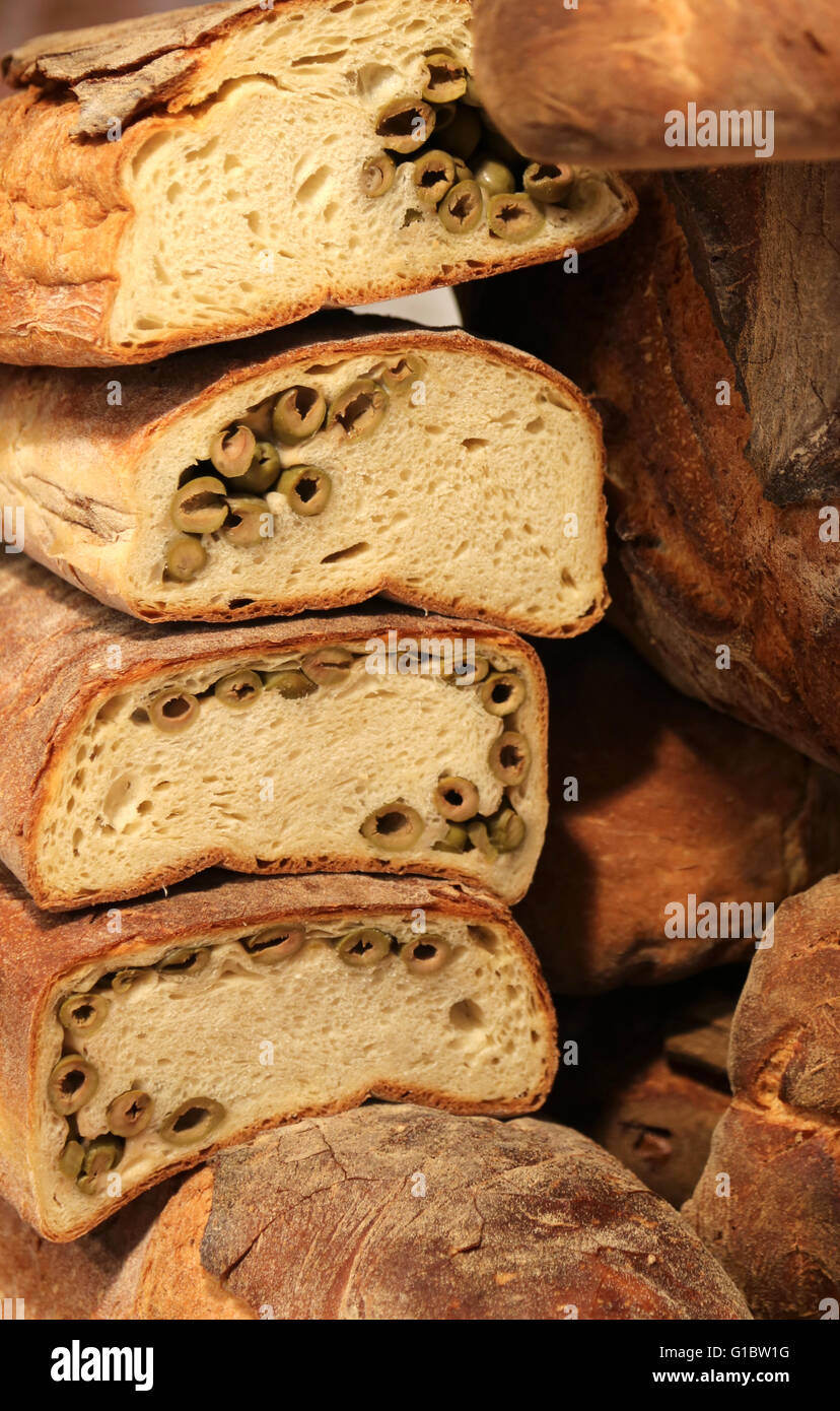 fragrant whole wheat bread with with green olive by the Italian Baker Stock Photo