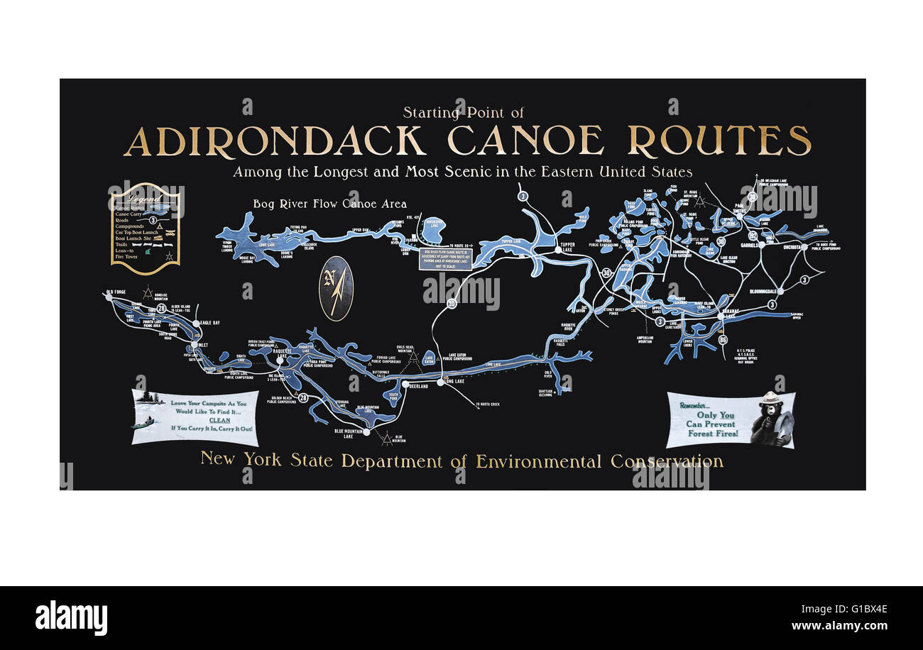 Adirondack canoe route map Stock Photo Alamy