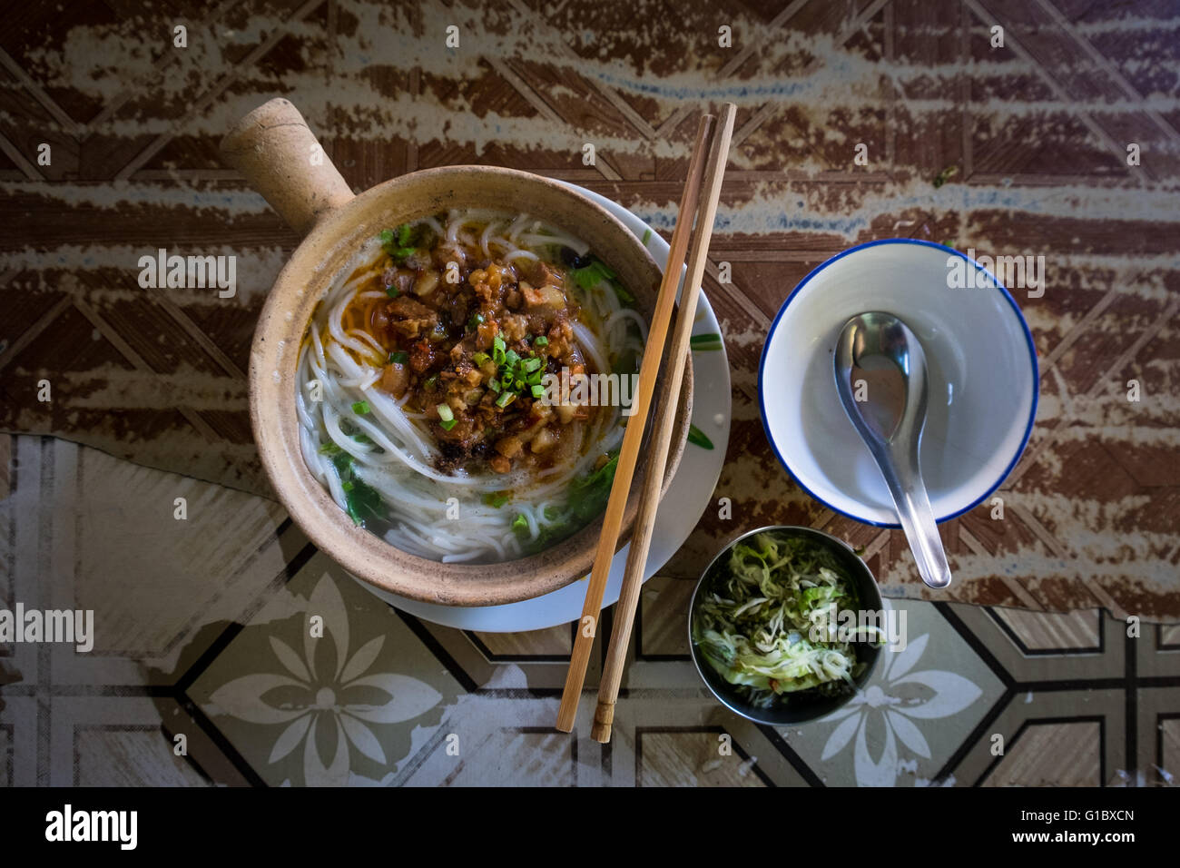 A dish of Shan Noodles in a noodle shop in Hsipaw, Myanmar Stock Photo
