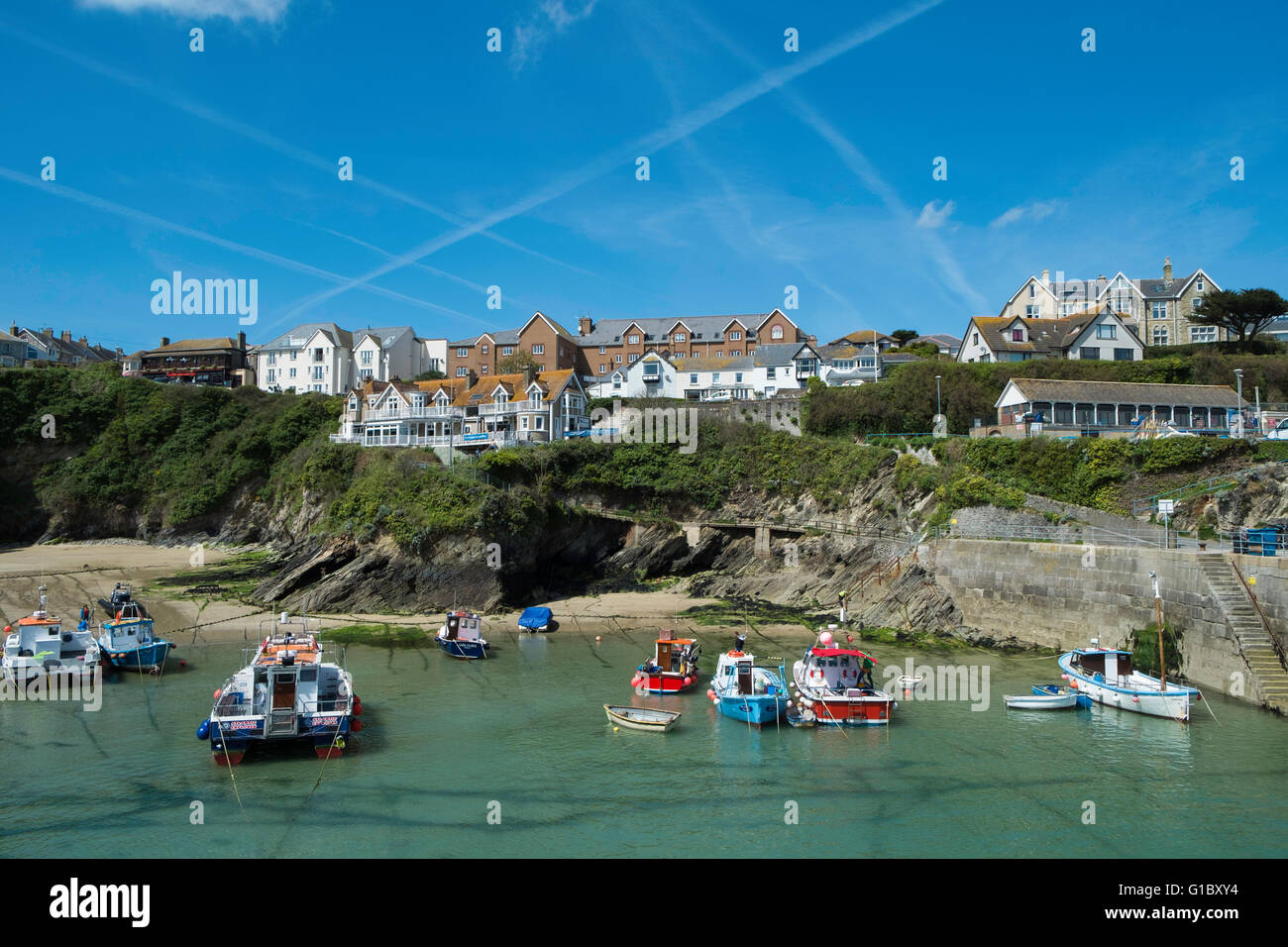 newquay harbour with boats Stock Photo