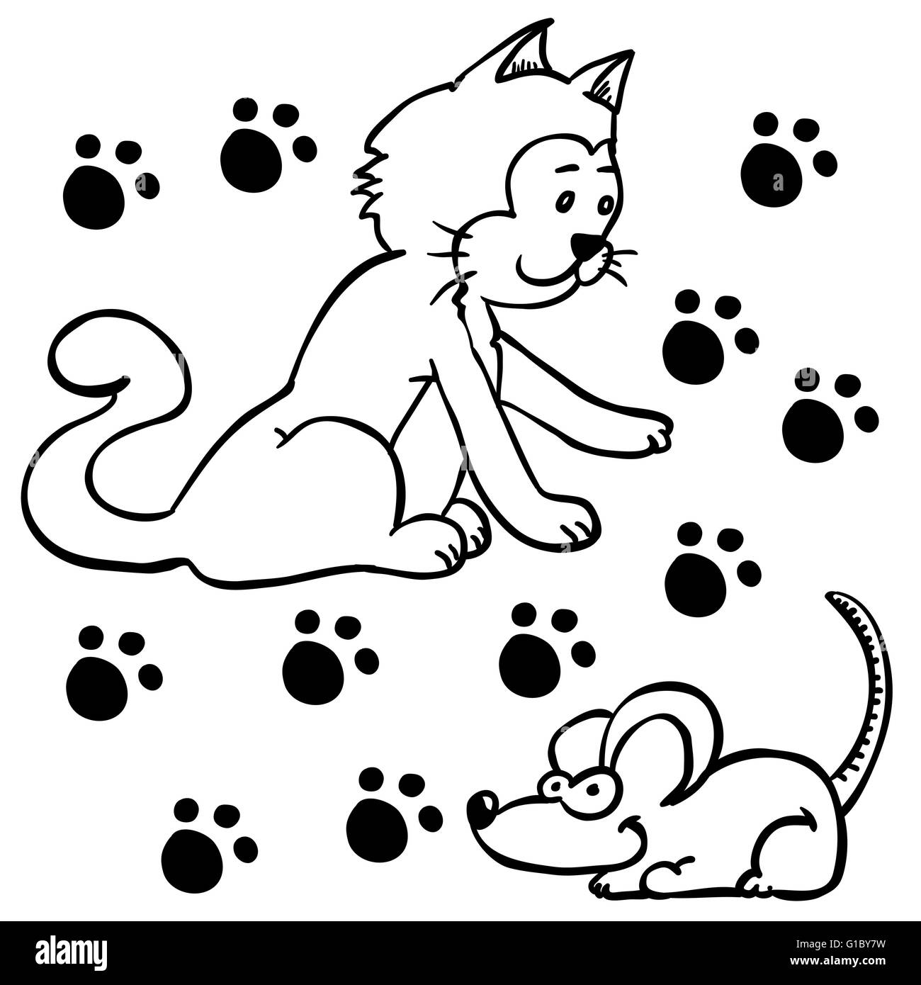 simple black and white cat and mouse cartoon illustration Stock Vector