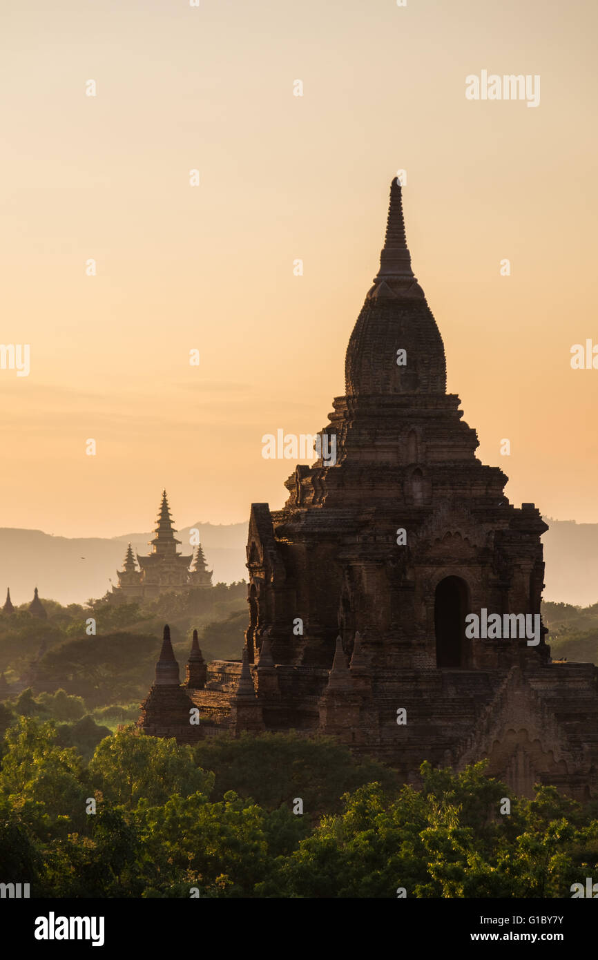 Sunset over the ancient temples of Old Bagan in Myanmar Stock Photo