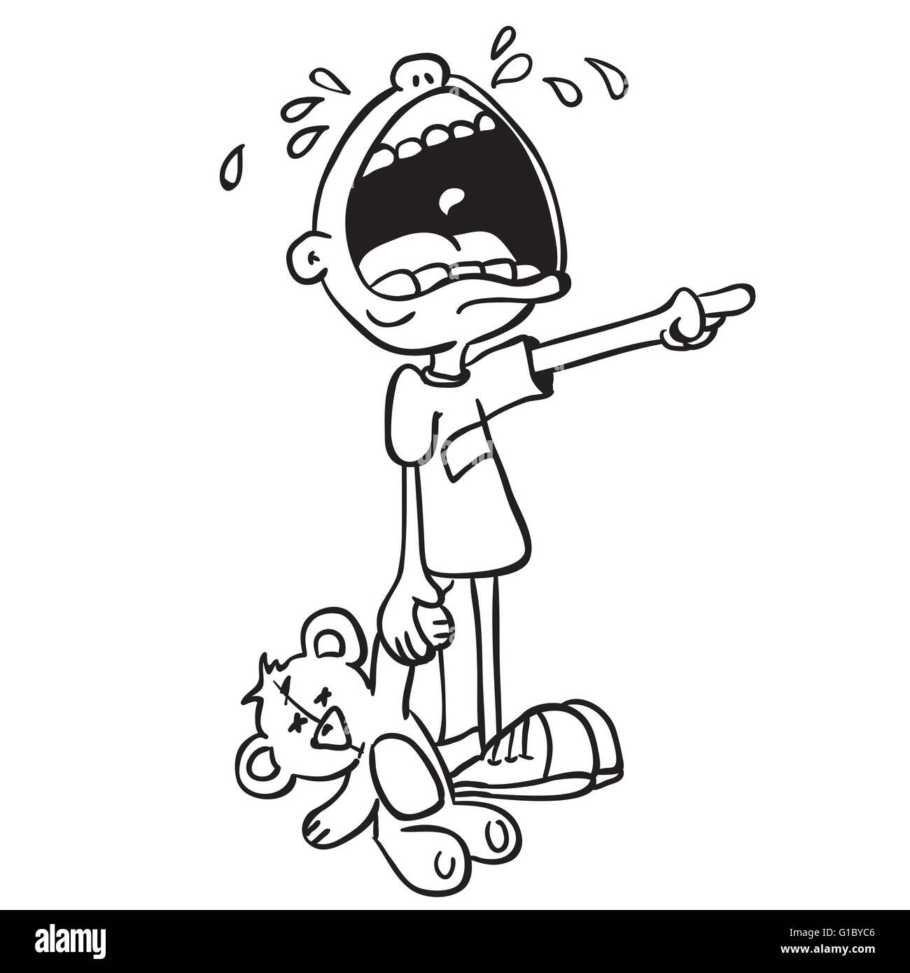 simple black and white crying boy with bear toy cartoon Stock Vector