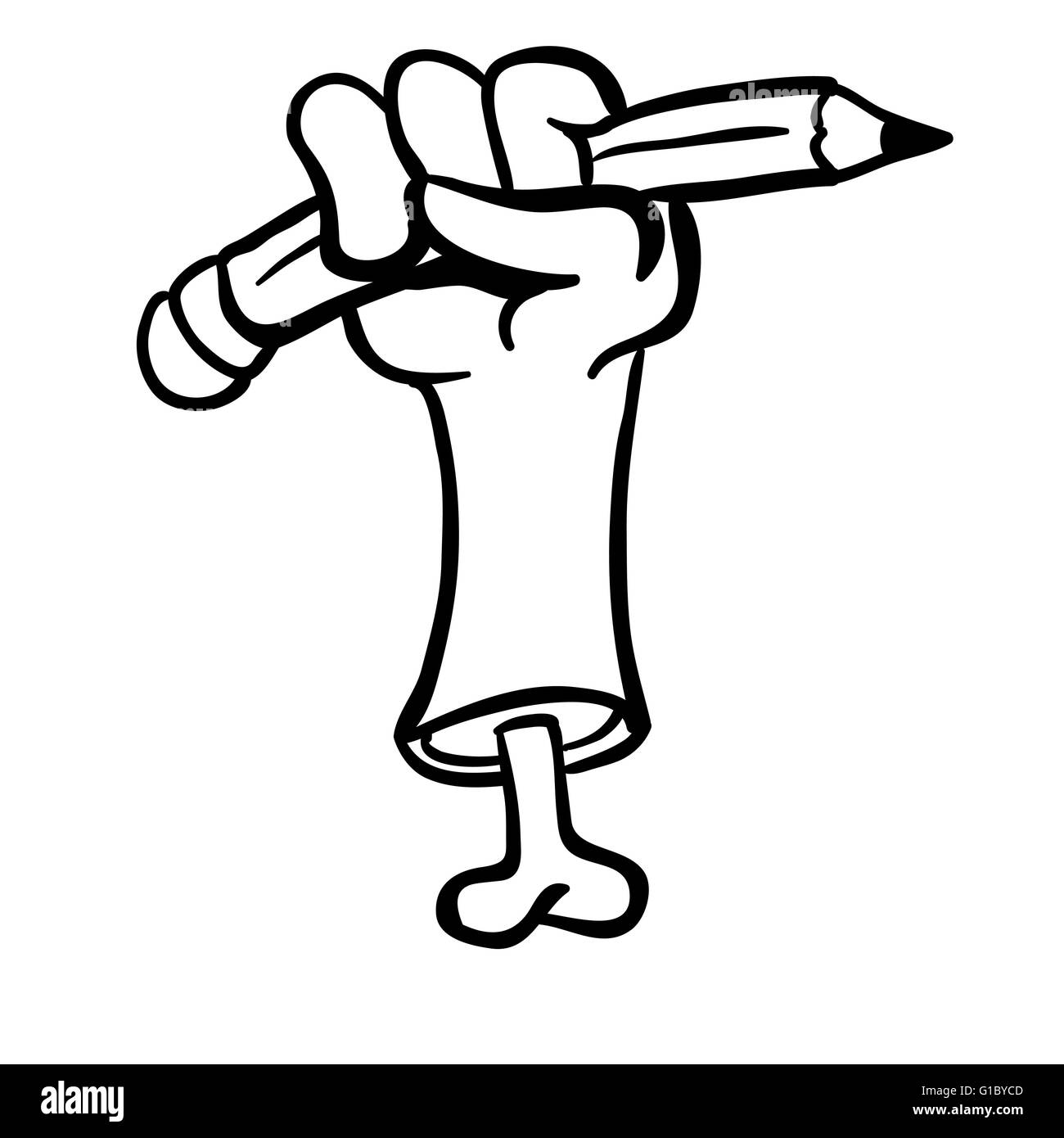 simple black and white cut hand with bone holding a pencil cartoon Stock Vector