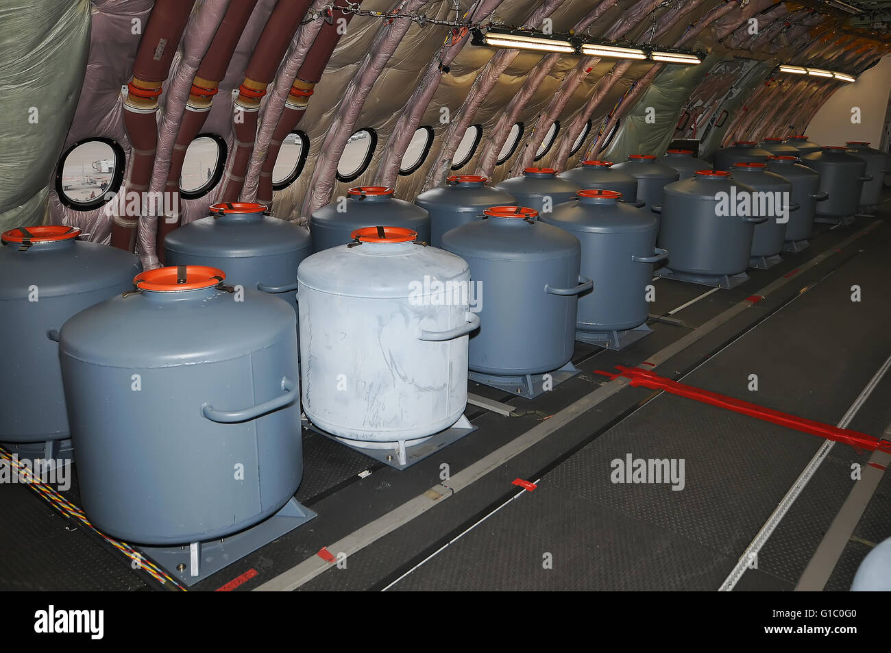 Inside Airbus A380-861 Inside Test Aircraft F-WWDD: Ballast tanks on upper deck. Stock Photo