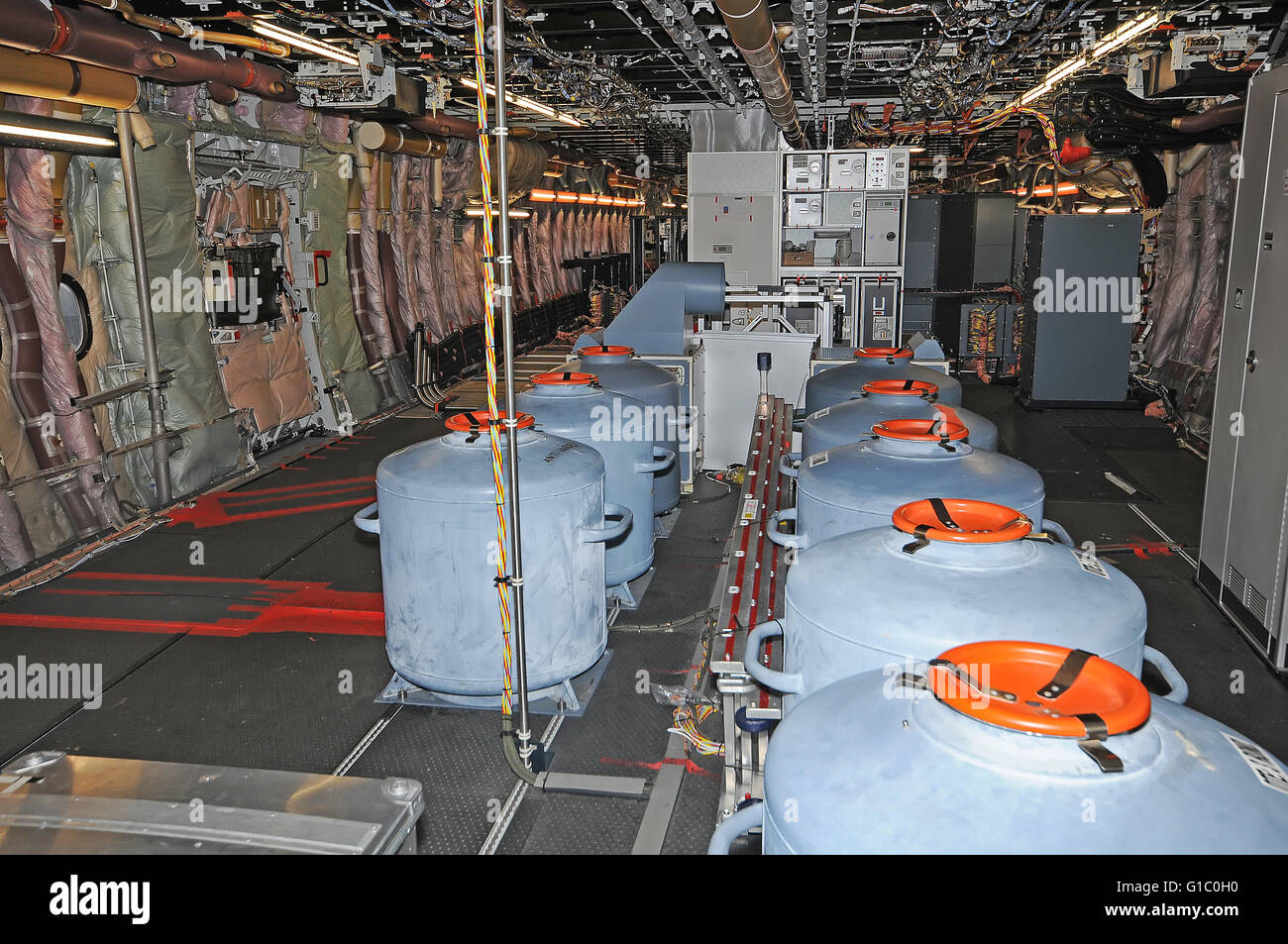 Inside Airbus A380-861 Inside Test Aircraft F-WWDD: Ballast tanks on main deck Stock Photo