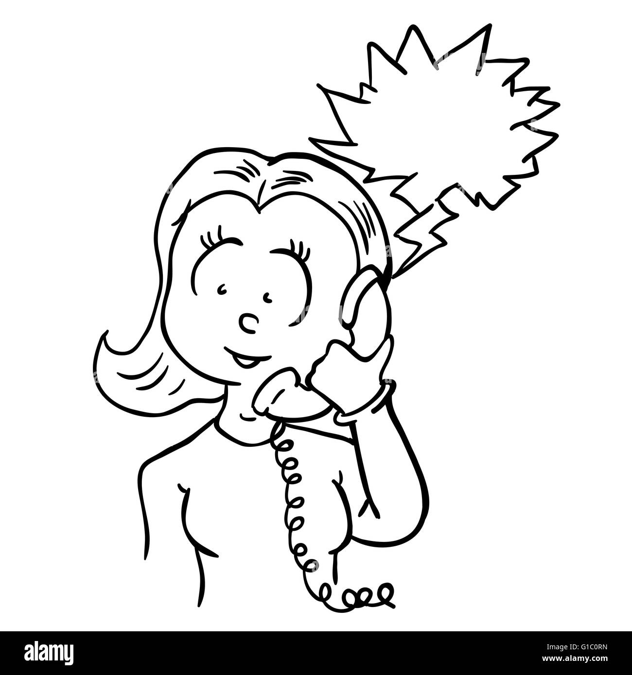 woman on a telephone black and white cartoon doodle Stock Vector Image