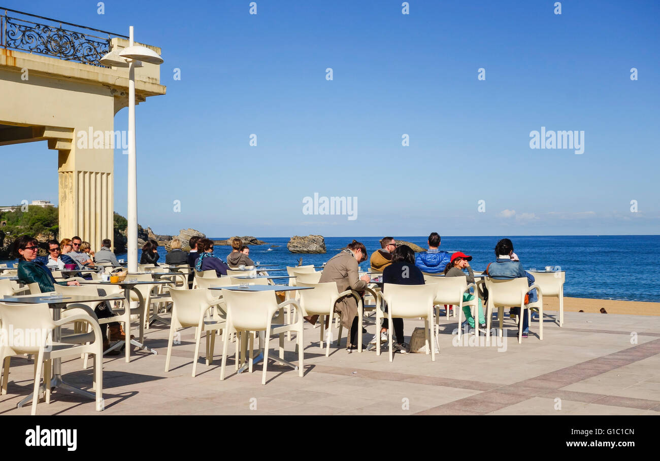 Outside terrace next to Casino Municipal, at beach, Grande Plage, Biarritz. Aquitaine, french basque country, France. Stock Photo