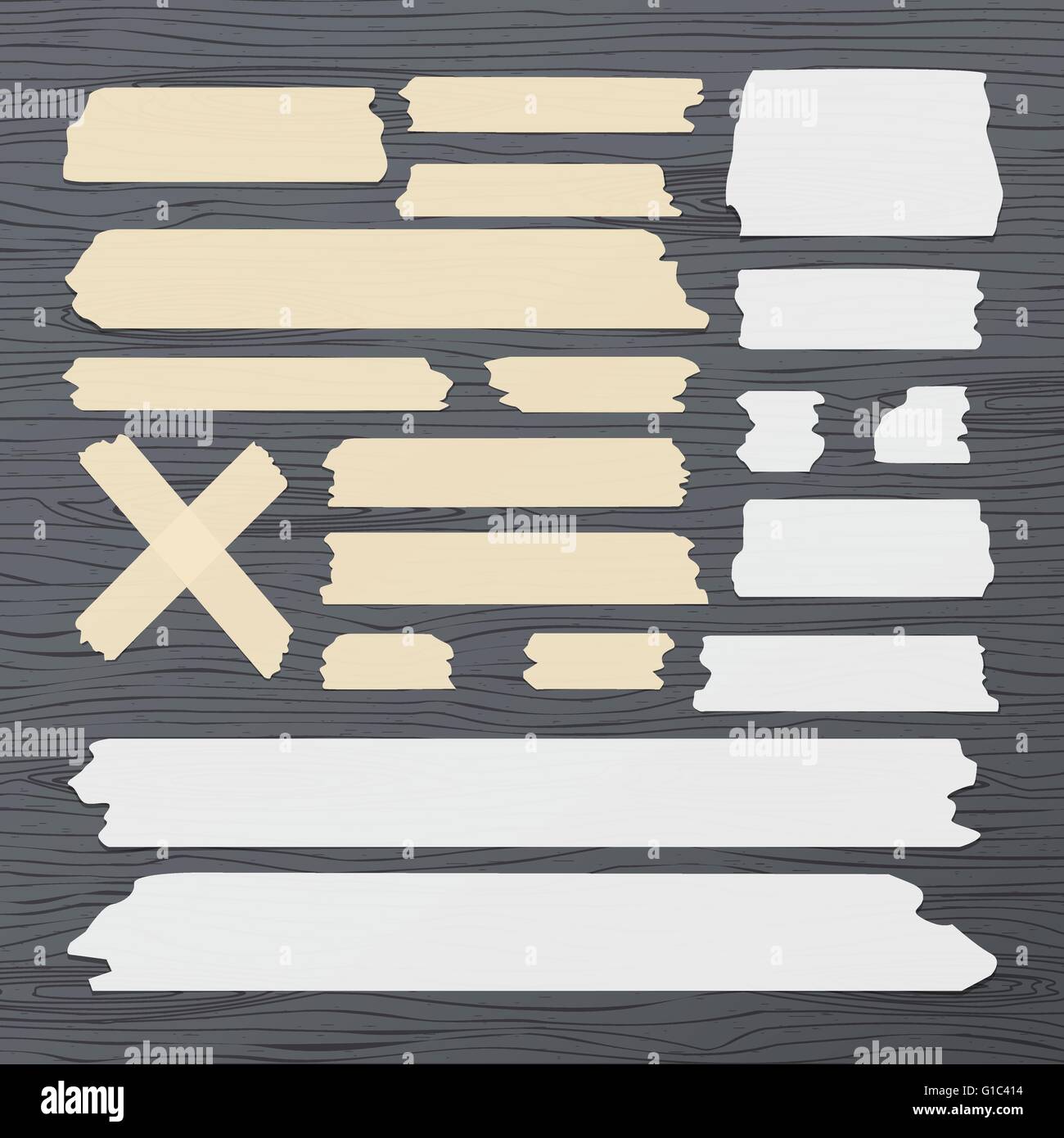 Different size sticky, adhesive tape, banners pieces are stuck on wooden background Stock Vector