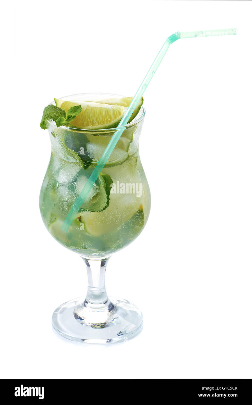 Mojito cactail with lime and mint in glass on white Stock Photo