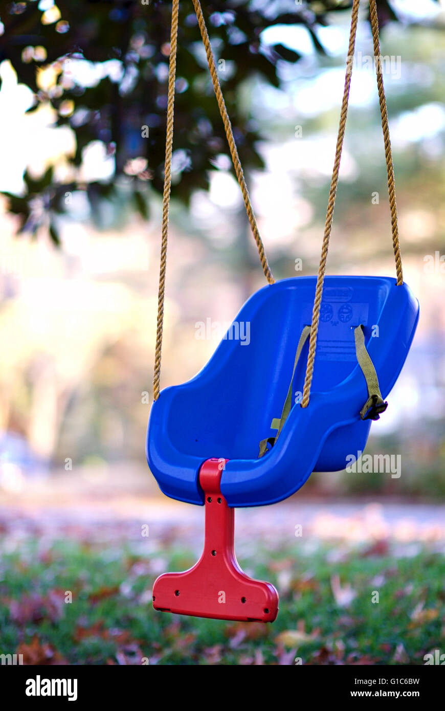 Blue child's swing hanging from a tree limb with selective focus on the foreground in a residential setting. Stock Photo